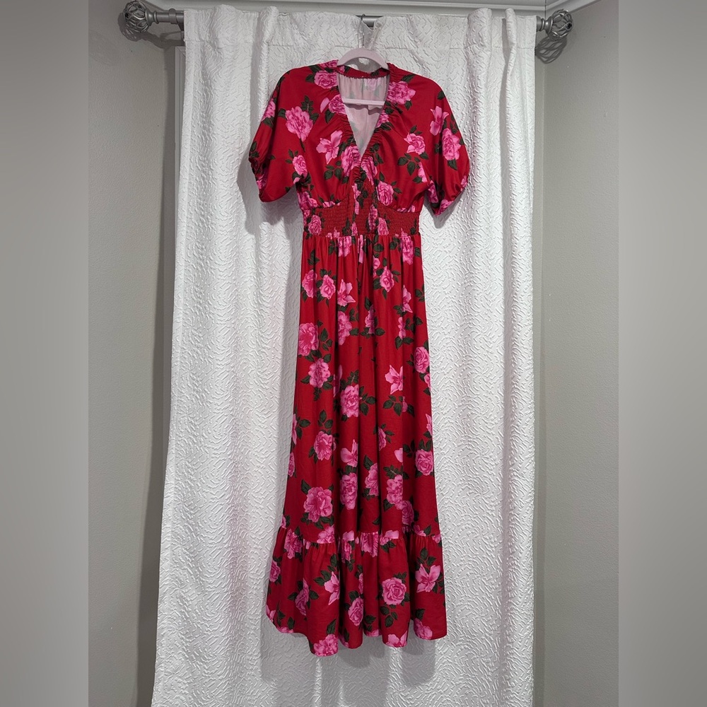 Floral Red & Pink Boutique Maxi Dress Size L